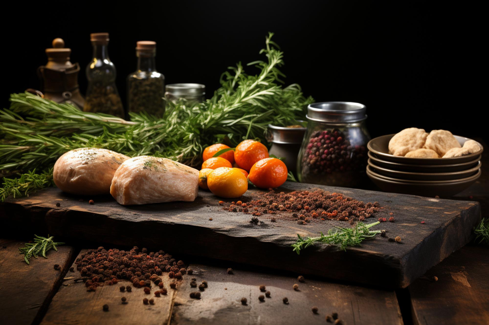 Artisan ingredients on wooden table